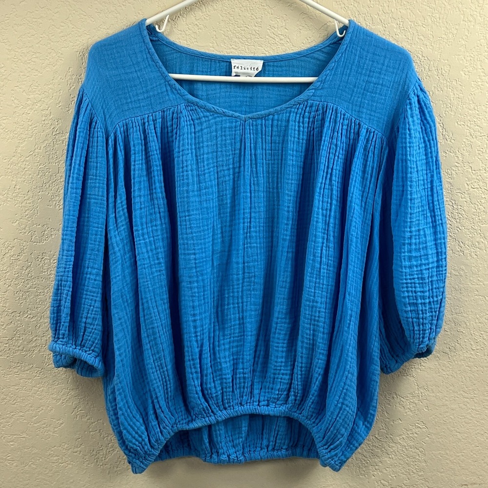 Felicite Top Womens 3 Blue Gauze 3/4 Sleeve Airy Breezy Beach Shirt Pullover USA
